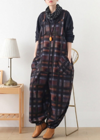 Diy Chokoladefarve Plaid Button Uld Jumpsuit Bukser Efterår