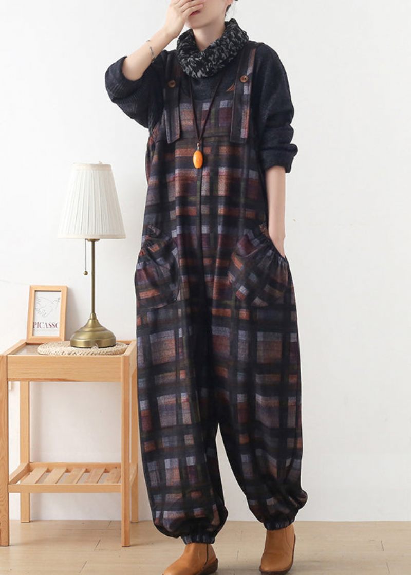 Diy Chokoladefarve Plaid Button Uld Jumpsuit Bukser Efterår - Kaffe