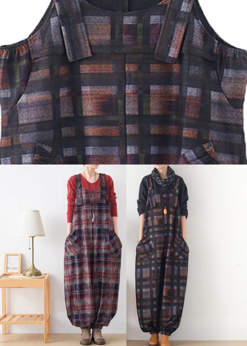 Diy Chokoladefarve Plaid Button Uld Jumpsuit Bukser Efterår - Kaffe