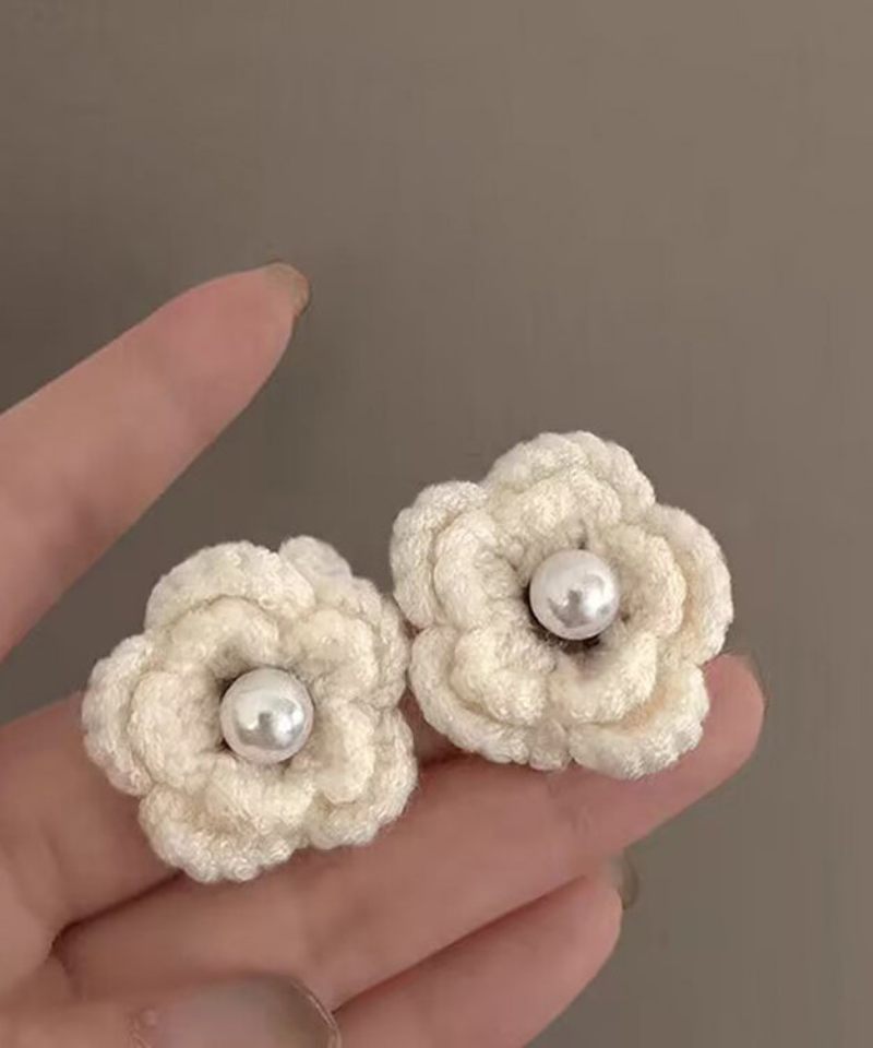 Diy Hvid Perle Strikning Uld Blomster Ørestikker - Hvid