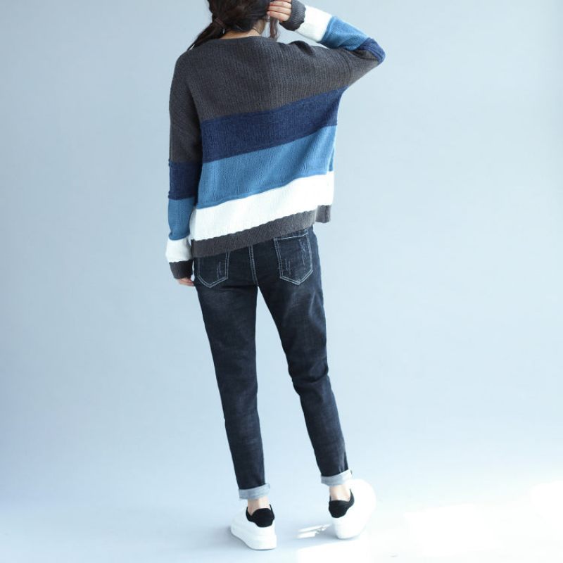 Efterår Vinter Patchwork Uldstrikkede Toppe Plus Størrelse Casual Blå Grå Stribet Sweater - Dame uldfrakker