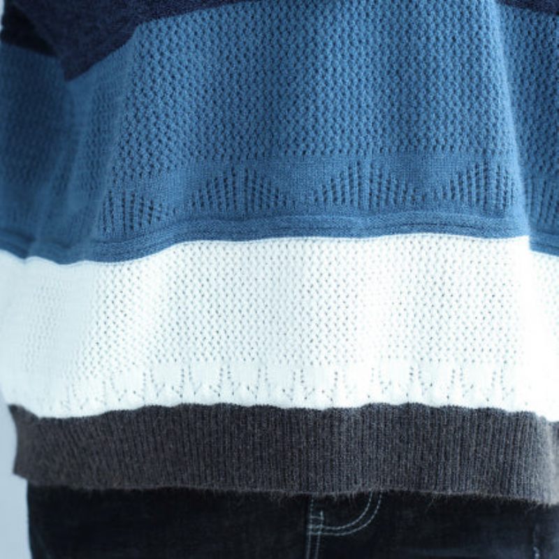 Efterår Vinter Patchwork Uldstrikkede Toppe Plus Størrelse Casual Blå Grå Stribet Sweater - Dame uldfrakker