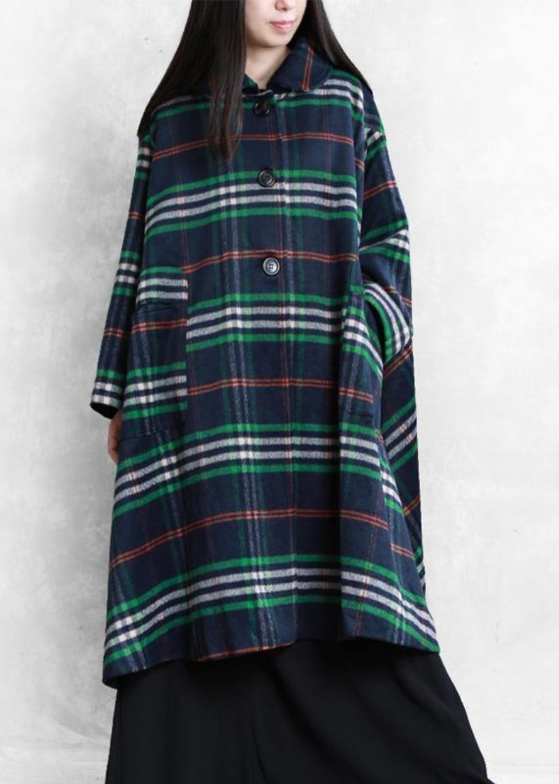 Elegant Blå Plaid Uldoverfrakke Plus Size Tøj Peter Pan Krave Stor Søm Frakker - Dame uldfrakker