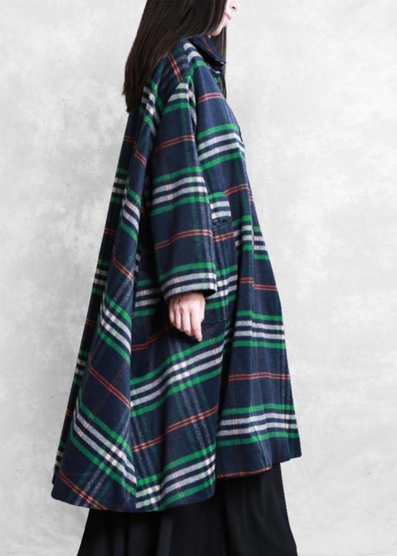 Elegant Blå Plaid Uldoverfrakke Plus Size Tøj Peter Pan Krave Stor Søm Frakker - Dame uldfrakker