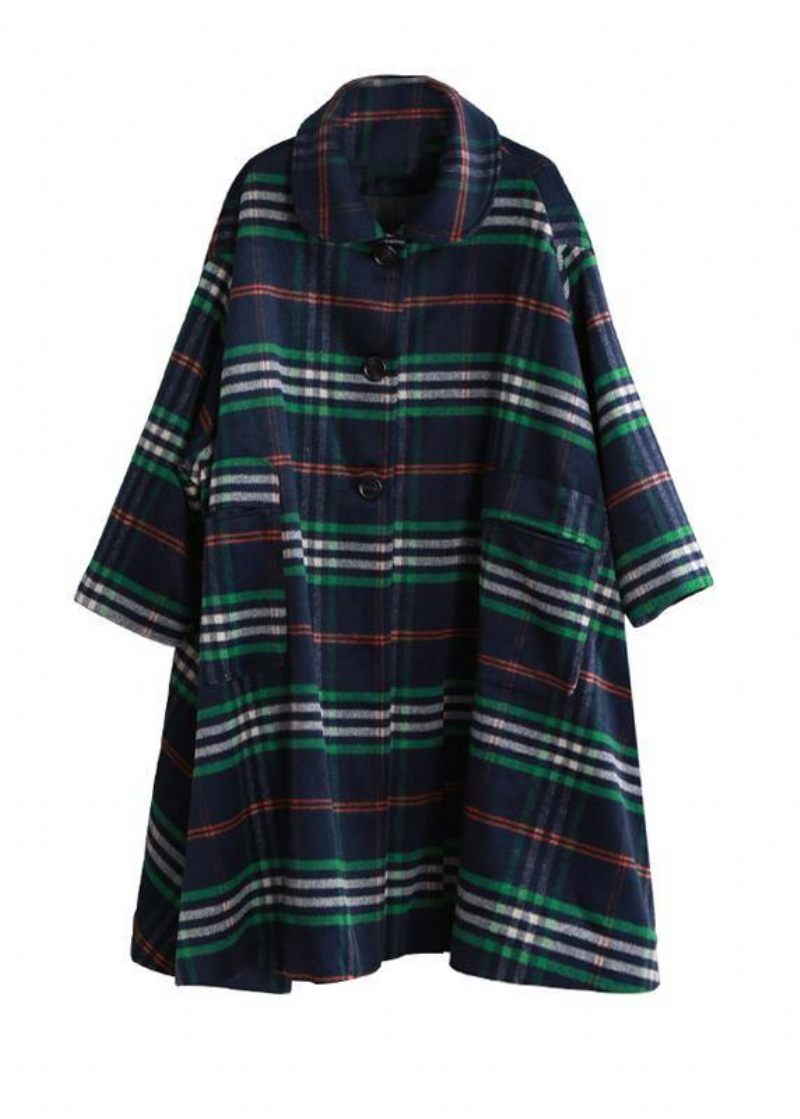 Elegant Blå Plaid Uldoverfrakke Plus Size Tøj Peter Pan Krave Stor Søm Frakker - Dame uldfrakker