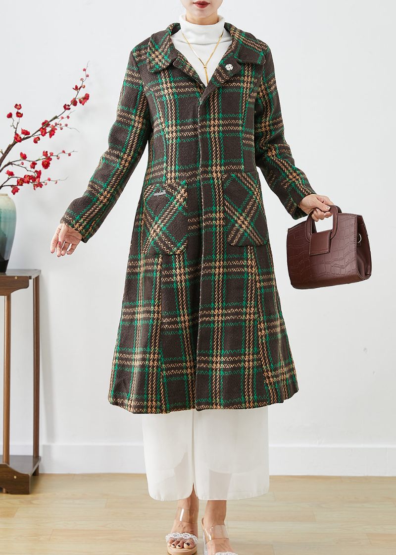 Elegant Grøn Peter Pan Krave Plaid Lommer Uld Trench Fall - Dame uldfrakker