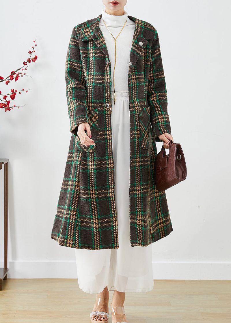 Elegant Grøn Peter Pan Krave Plaid Lommer Uld Trench Fall - Dame uldfrakker