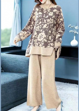 Elegant Khaki Print Toppe Og Bukser Uldne To Stykker Sæt Efterår