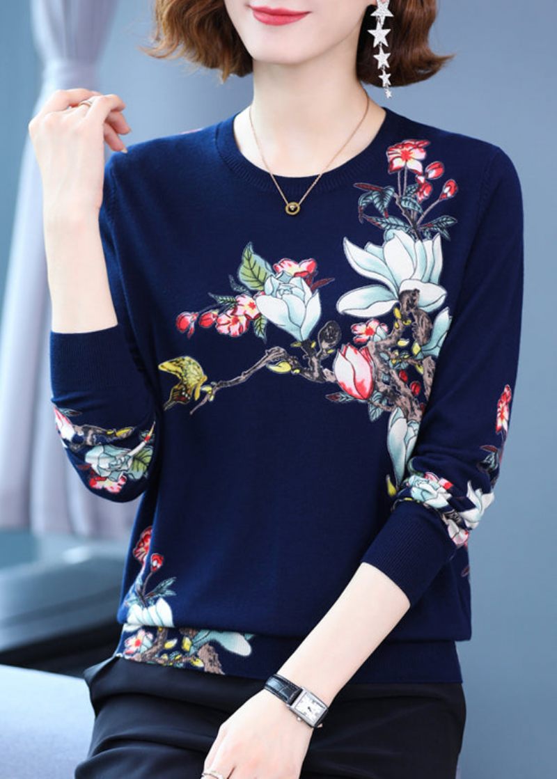 Elegant Navy O-hals Print Løs Uld Strik Top Fjeder