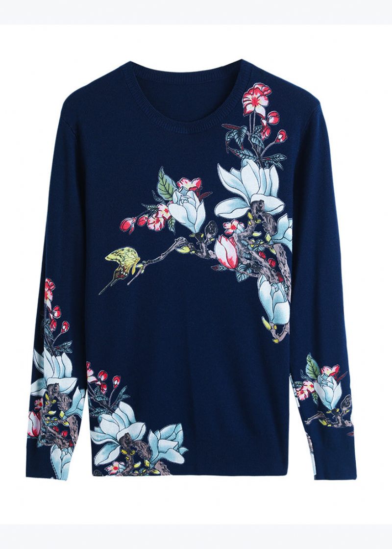 Elegant Navy O-hals Print Løs Uld Strik Top Fjeder - Dame uldfrakker