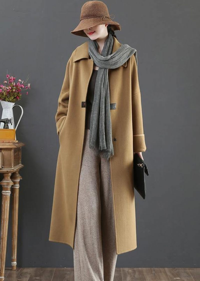 Elegant Oversize Frakker Vinter Ulden Outwear Brun Revers Lommer Uld Frakke Til Kvinde - Brun