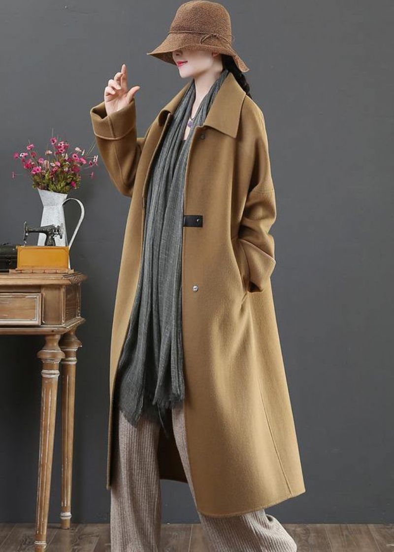 Elegant Oversize Frakker Vinter Ulden Outwear Brun Revers Lommer Uld Frakke Til Kvinde - Brun