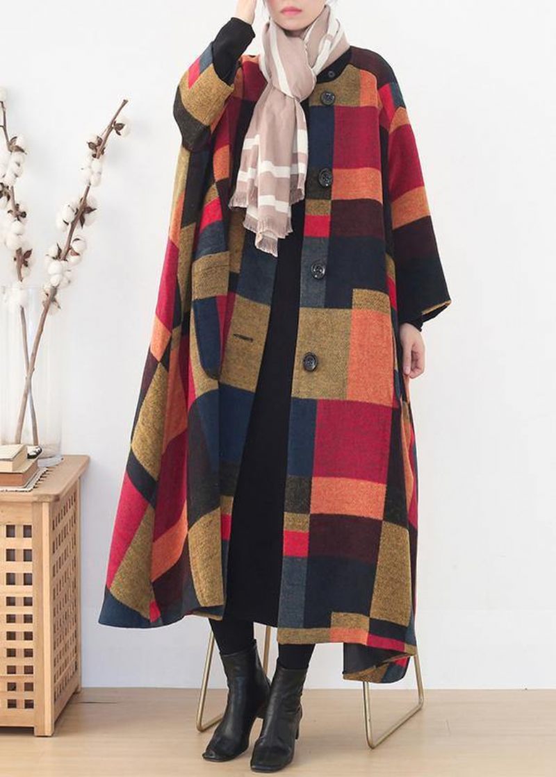 Elegant Oversize Lange Frakker Vilde Outwear Gul Plaid Vinteruld Overfrakke