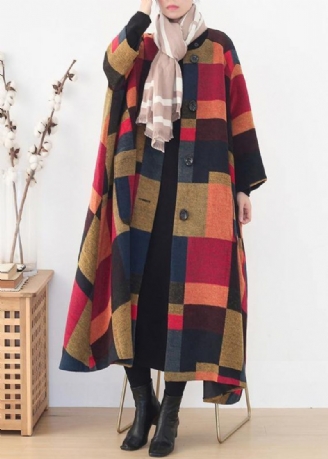 Elegant Oversize Lange Frakker Vilde Outwear Gul Plaid Vinteruld Overfrakke