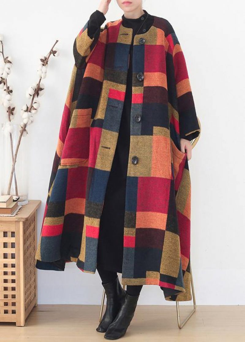 Elegant Oversize Lange Frakker Vilde Outwear Gul Plaid Vinteruld Overfrakke - Rød