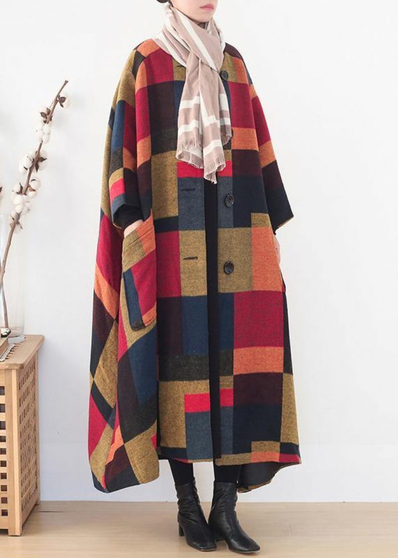 Elegant Oversize Lange Frakker Vilde Outwear Gul Plaid Vinteruld Overfrakke - Rød