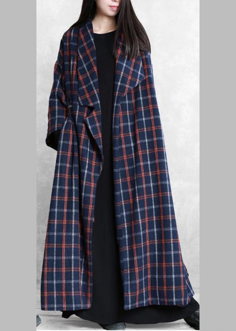 Elegant Plus Size Frakker Blå Plaid Uldfrakke Med Slips I Taljen Til Kvinde - Dame uldfrakker