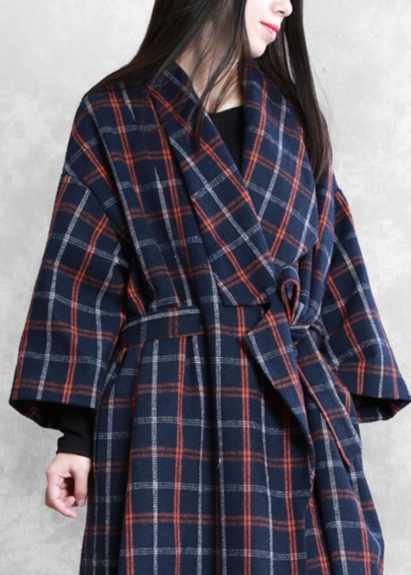 Elegant Plus Size Frakker Blå Plaid Uldfrakke Med Slips I Taljen Til Kvinde - Dame uldfrakker