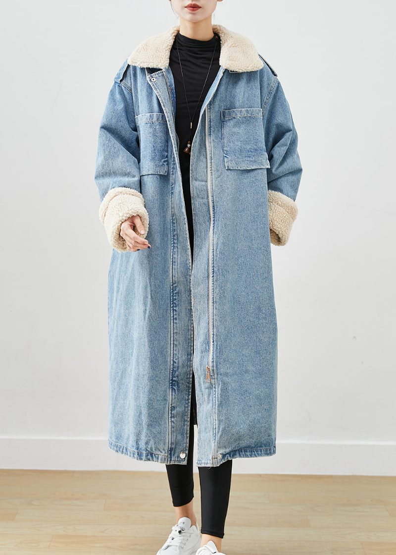 Elegante Blå Overdimensionerede Lommer Fleece Uldforet Denim Trench Fall - Dame uldfrakker