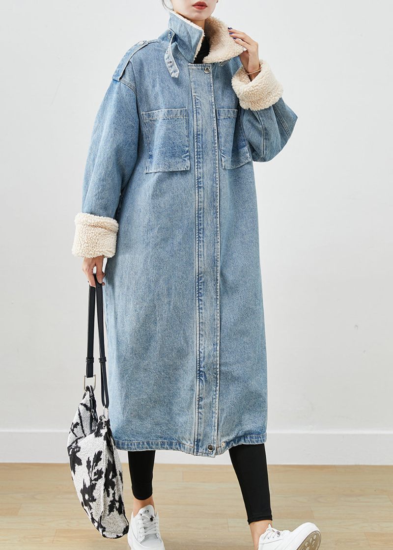 Elegante Blå Overdimensionerede Lommer Fleece Uldforet Denim Trench Fall - Dame uldfrakker