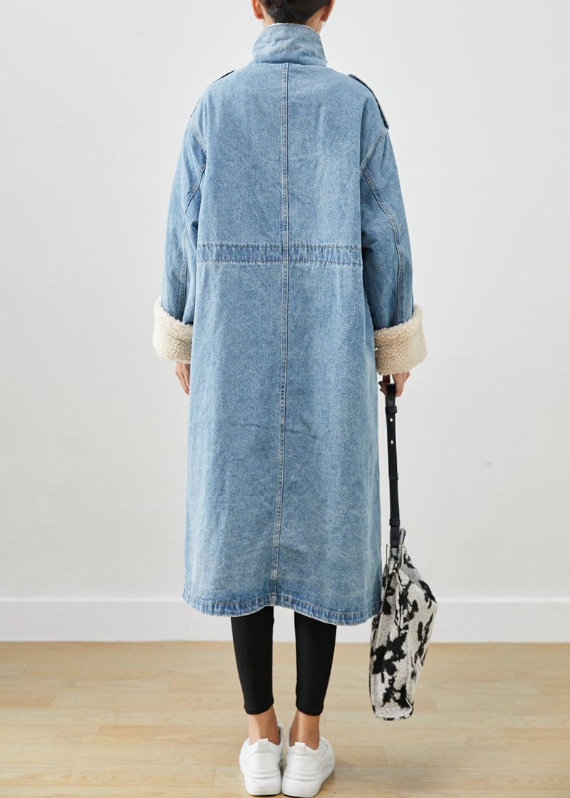 Elegante Blå Overdimensionerede Lommer Fleece Uldforet Denim Trench Fall - Dame uldfrakker