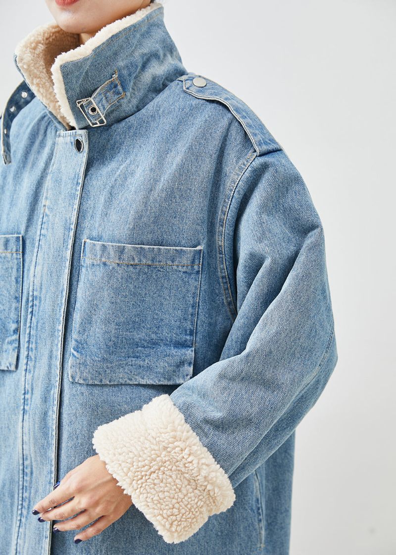 Elegante Blå Overdimensionerede Lommer Fleece Uldforet Denim Trench Fall - Dame uldfrakker