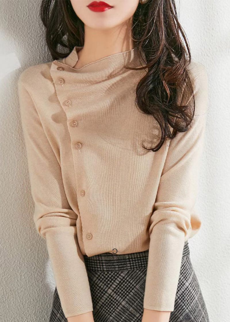 Fashion Beige Asymmetrisk Rynket Knap Uld Strik Pullover Forår