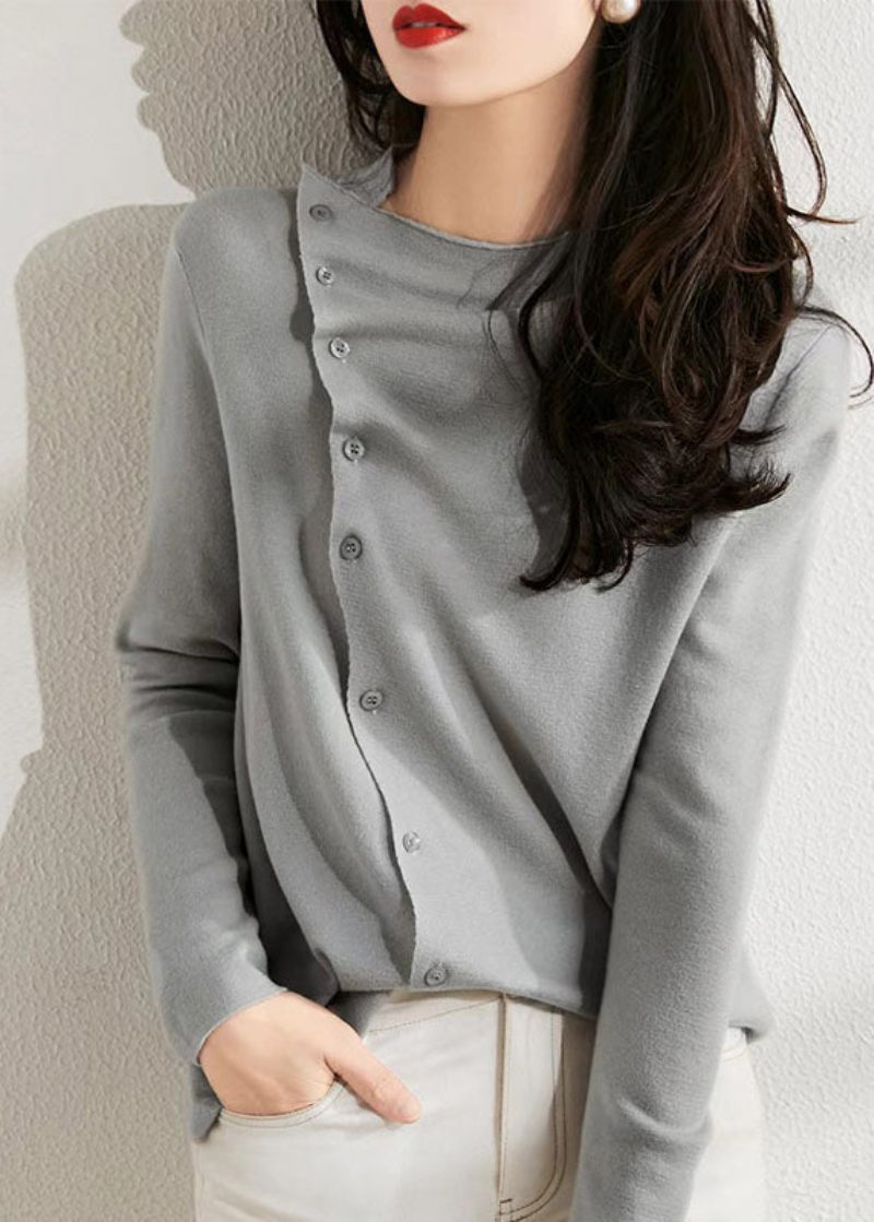 Fashion Beige Asymmetrisk Rynket Knap Uld Strik Pullover Forår - Dame uldfrakker