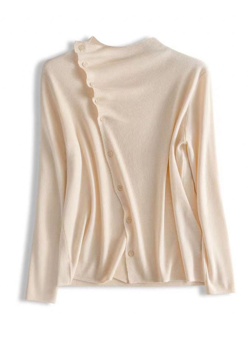 Fashion Beige Asymmetrisk Rynket Knap Uld Strik Pullover Forår - Dame uldfrakker