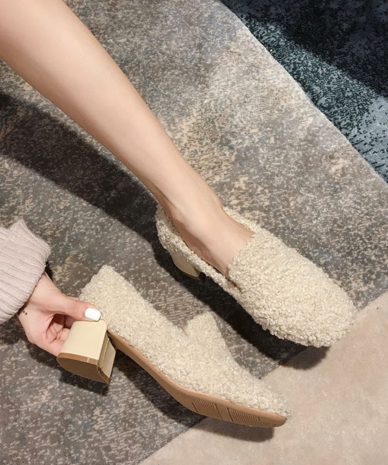 Fashion Beige Teddy Chunky Heel Fuzzy Wool Lined Penny Loafers