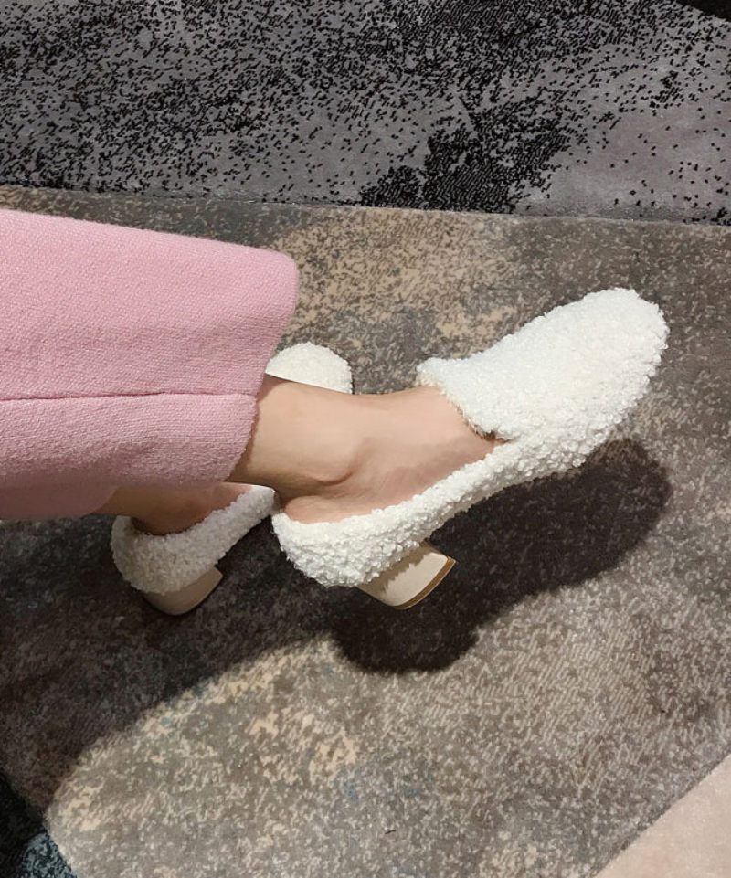 Fashion Beige Teddy Chunky Heel Fuzzy Wool Lined Penny Loafers - Dame uldfrakker