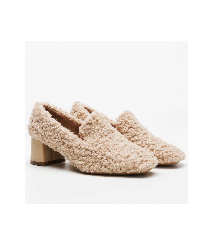 Fashion Beige Teddy Chunky Heel Fuzzy Wool Lined Penny Loafers - Dame uldfrakker