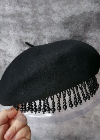 Fashion Black Nail Bead Tasseled Ulden Baret Hat