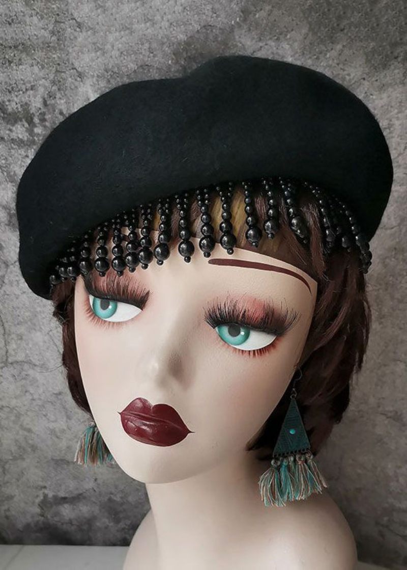 Fashion Black Nail Bead Tasseled Ulden Baret Hat - Dame uldfrakker