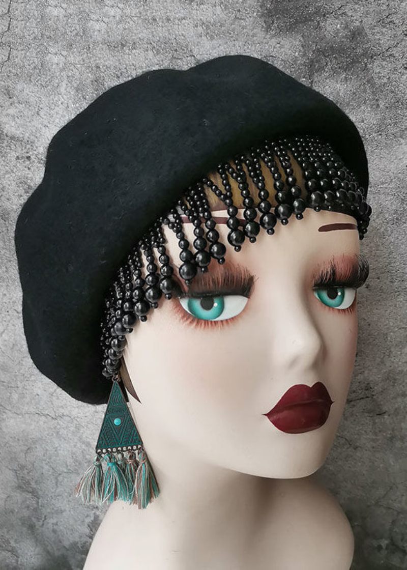 Fashion Black Nail Bead Tasseled Ulden Baret Hat - Dame uldfrakker