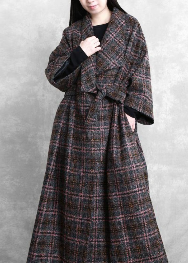 Fashion Trendy Plus Size Kvinder Frakker Grå Plaid Slips Talje Lommer Uld Frakke - Dame uldfrakker