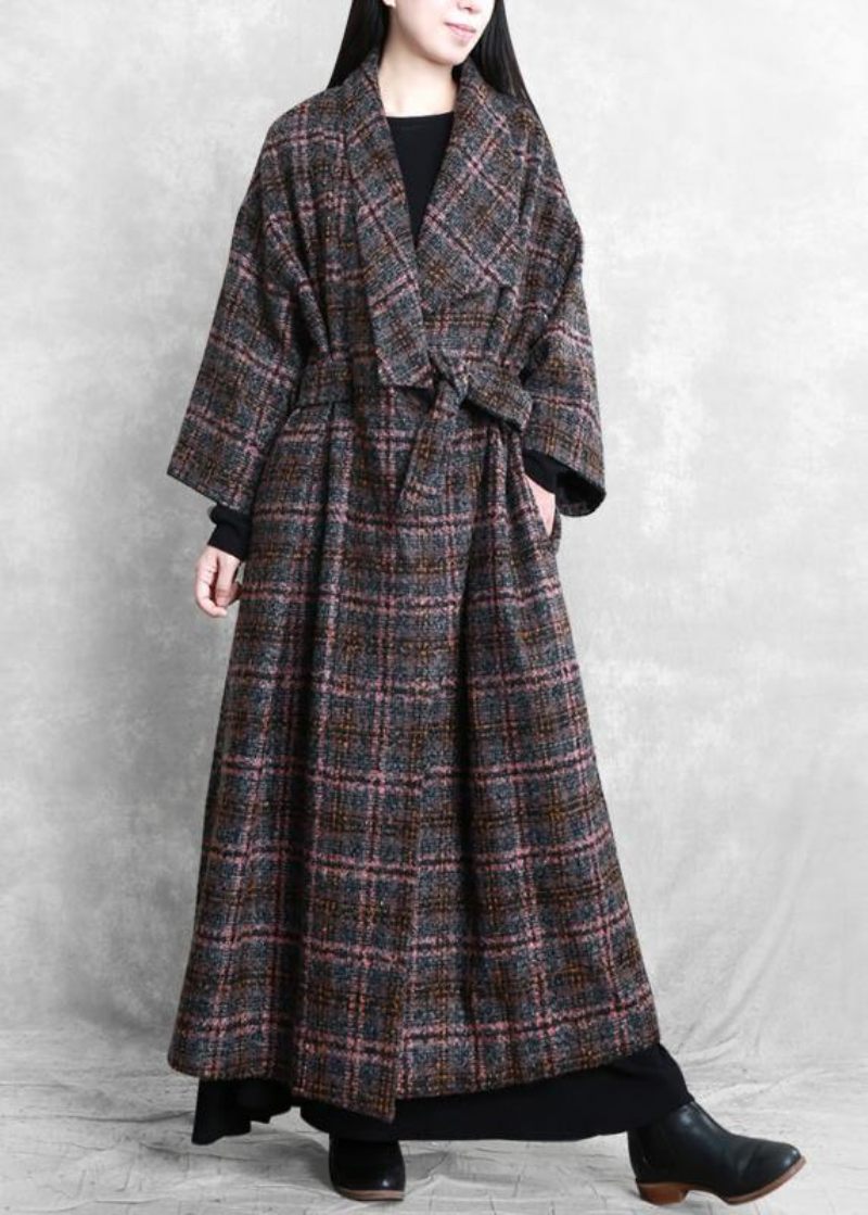 Fashion Trendy Plus Size Kvinder Frakker Grå Plaid Slips Talje Lommer Uld Frakke - Dame uldfrakker