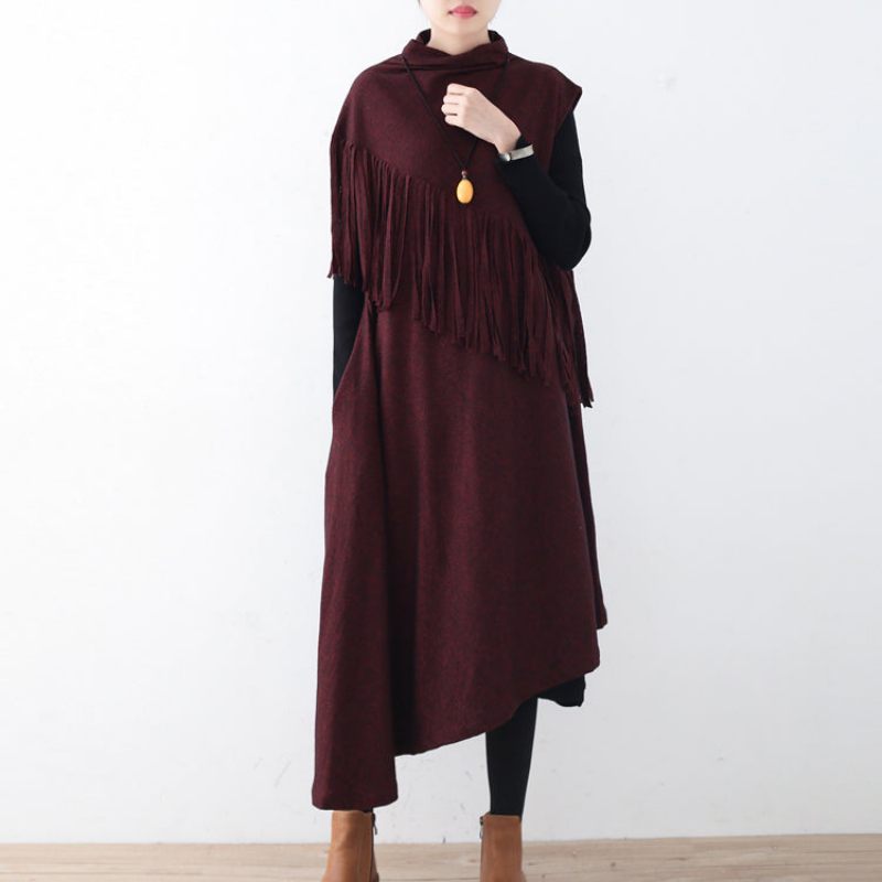 Fin Bordeaux Lang Ulden Trendy Plus Size Kvast Efterårskjoler Elegant Asymmetrisk Søm Vinterkjole