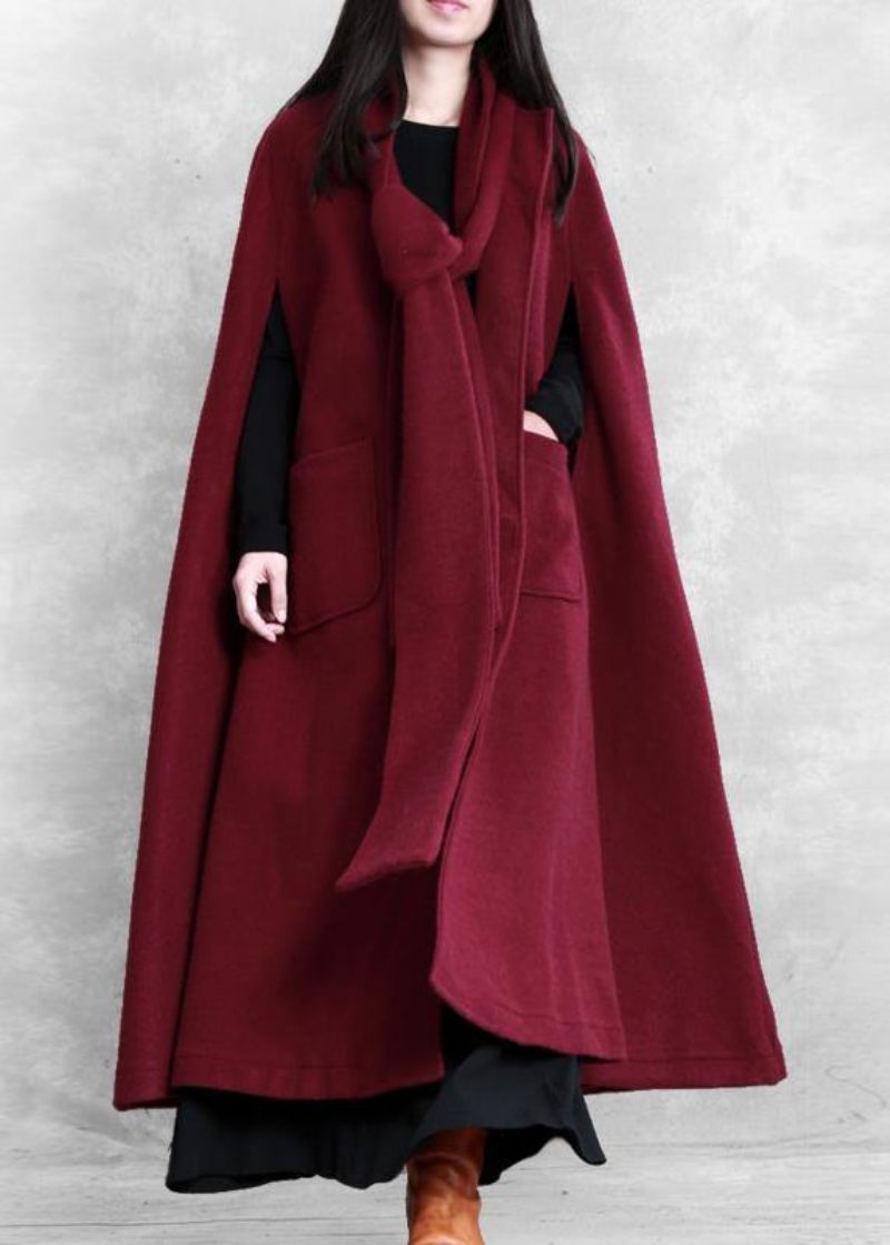 Fin Bordeaux Ulden Frakke Kvinder Oversize Vinterfrakke Batwing Sleeve Stor Søm - Dame uldfrakker