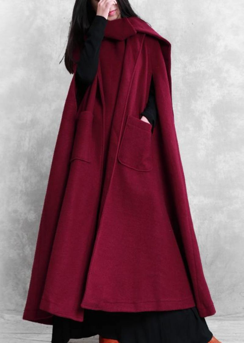 Fin Bordeaux Ulden Frakke Kvinder Oversize Vinterfrakke Batwing Sleeve Stor Søm - Dame uldfrakker