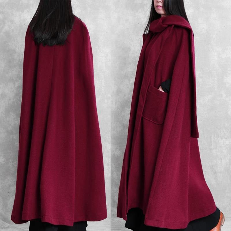 Fin Bordeaux Ulden Frakke Kvinder Oversize Vinterfrakke Batwing Sleeve Stor Søm - Dame uldfrakker