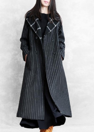 Fin Sortstribet Uldfrakke Oversized Trenchcoat. Med Hakket Patchwork