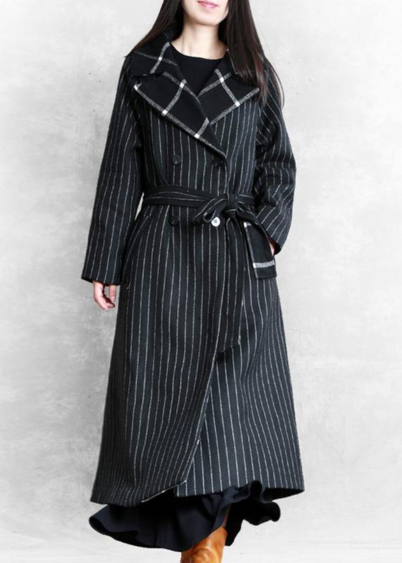 Fin Sortstribet Uldfrakke Oversized Trenchcoat. Med Hakket Patchwork - Dame uldfrakker