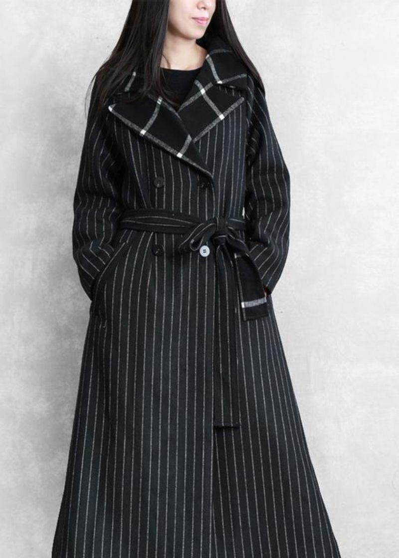 Fin Sortstribet Uldfrakke Oversized Trenchcoat. Med Hakket Patchwork - Dame uldfrakker