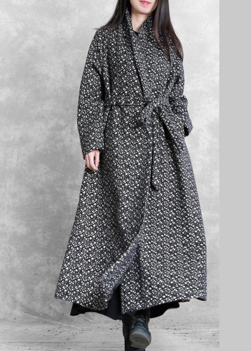 Fine Oversize Lange Jakker Outwear Sort Plaid V-hals Binde Talje Uld Frakke - Dame uldfrakker