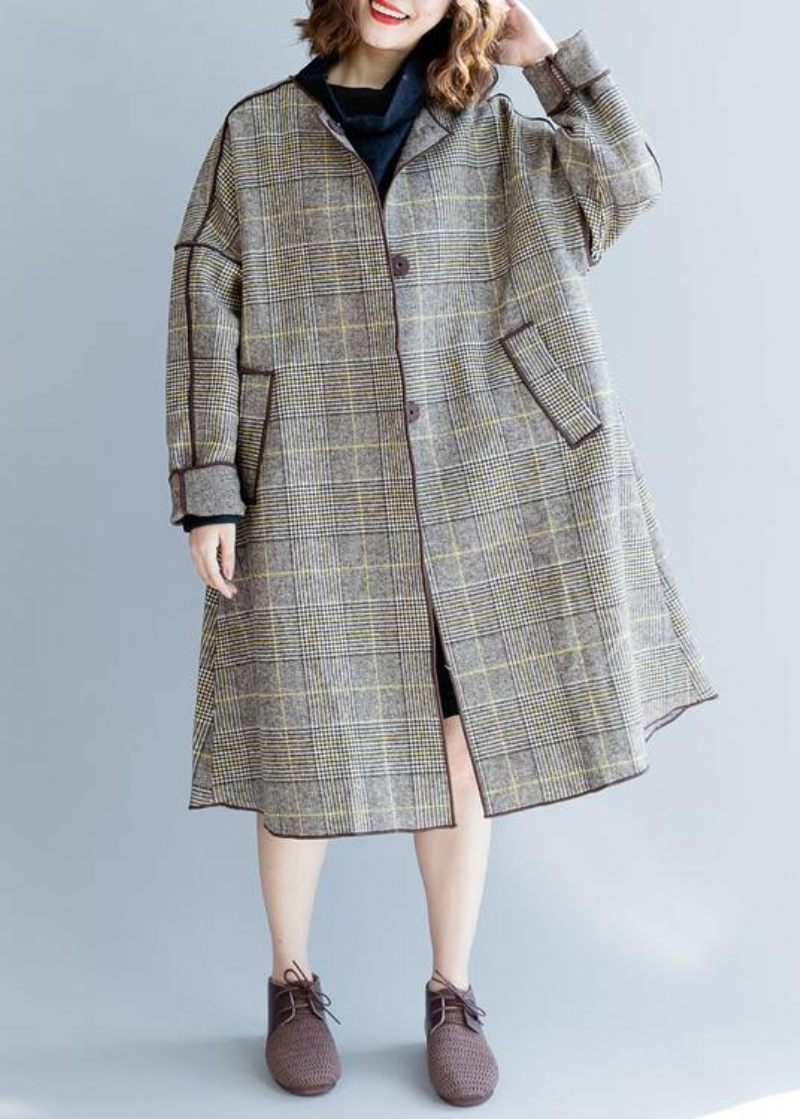 Fine Plus Size Mellemlange Frakker Vinter Ulden Outwear Plaid Lommer Overfrakke - Dame uldfrakker