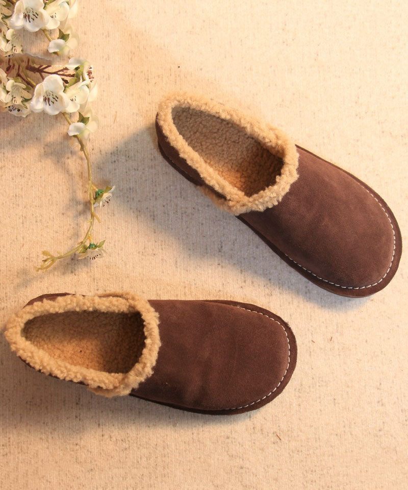 Fint Okselæder Flade Sko Til Kvinder Khaki Fuzzy Wool Lined Flat Feet Sko - Dame uldfrakker