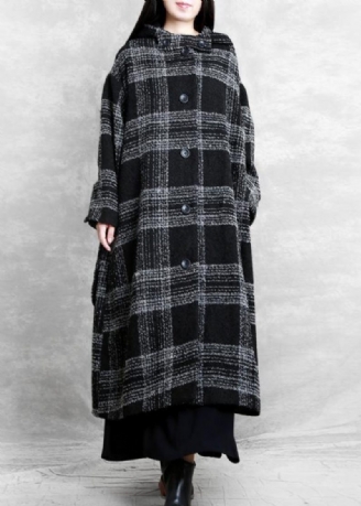 Fint Plus Size Tøj Vinterfrakke Outwear Sort Plaid Hætte Patchwork Woolen Coats