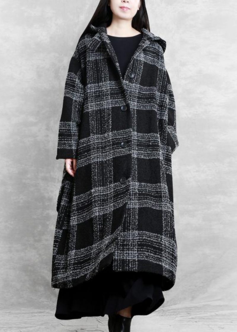 Fint Plus Size Tøj Vinterfrakke Outwear Sort Plaid Hætte Patchwork Woolen Coats - Dame uldfrakker