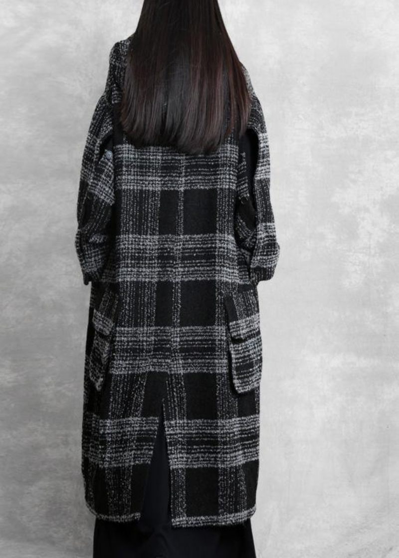 Fint Plus Size Tøj Vinterfrakke Outwear Sort Plaid Hætte Patchwork Woolen Coats - Dame uldfrakker